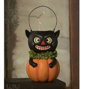 Bethany Lowe Halloween Vintage style Black Cat in Pumpkin bucket